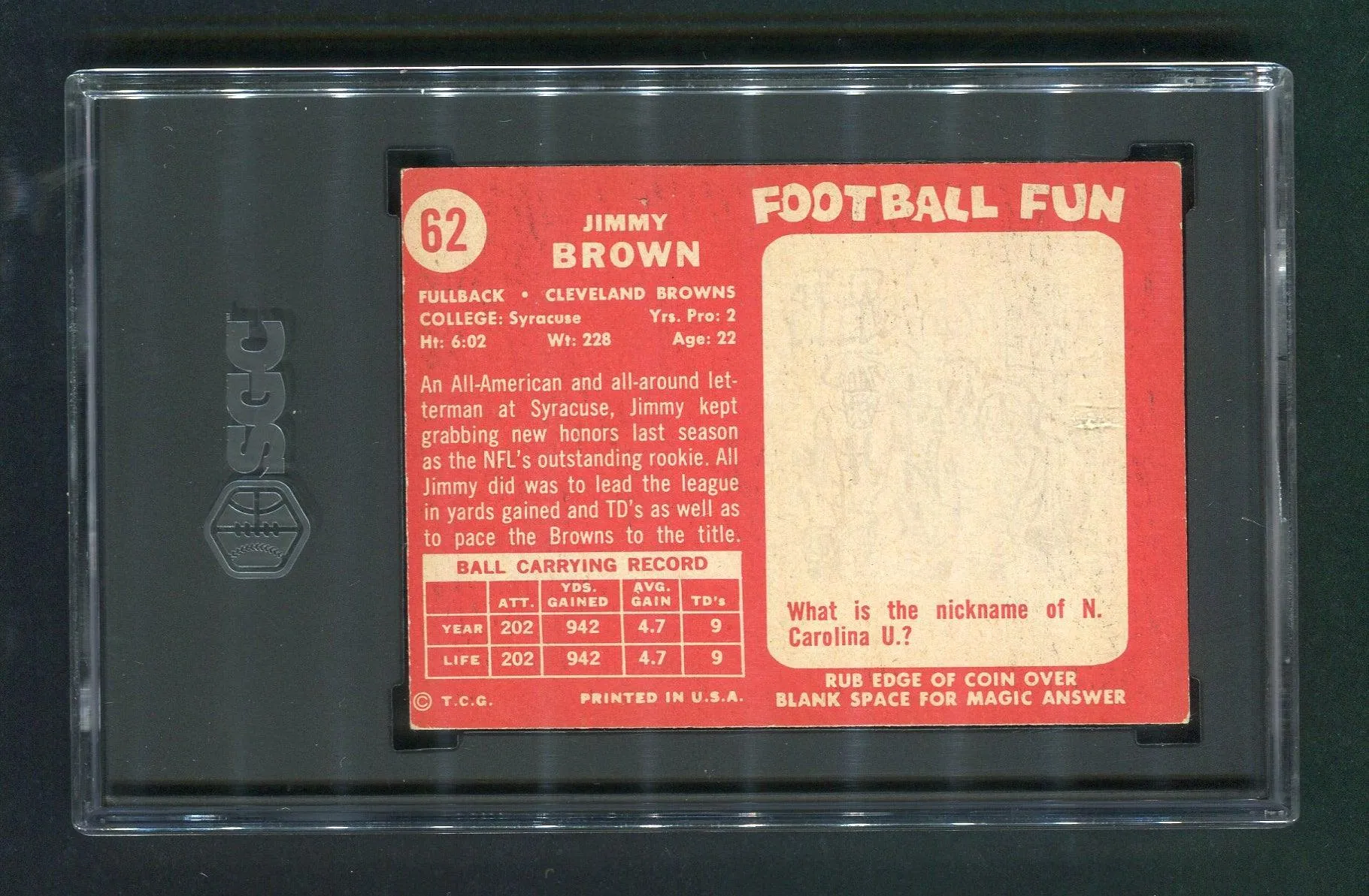 1958 Topps #62 Jim Brown Cleveland Browns SGC 5 Rookie Football Card