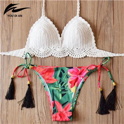 2017 New Bikini Women Pure Handmade Crochet Swimsuit Sexy Floral Print Bikini Swimwear Women Low Waist Bathing Suit Biquini Sets