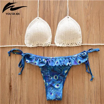 2017 New Bikini Women Pure Handmade Crochet Swimsuit Sexy Floral Print Bikini Swimwear Women Low Waist Bathing Suit Biquini Sets