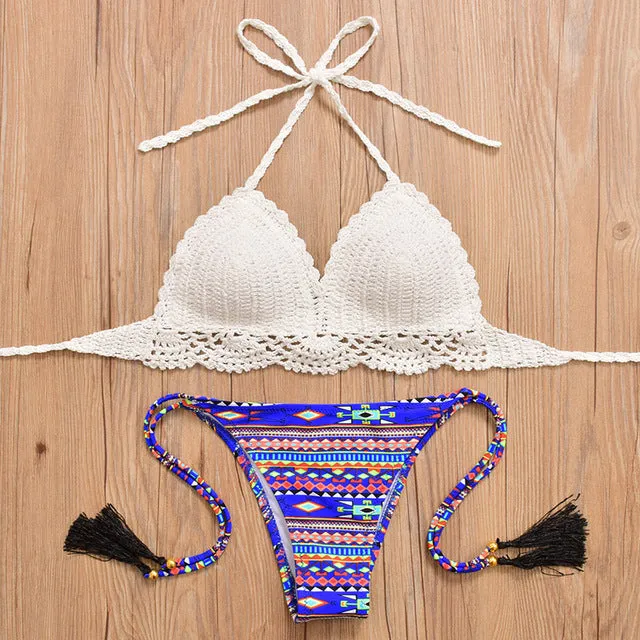 2017 New Bikini Women Pure Handmade Crochet Swimsuit Sexy Floral Print Bikini Swimwear Women Low Waist Bathing Suit Biquini Sets