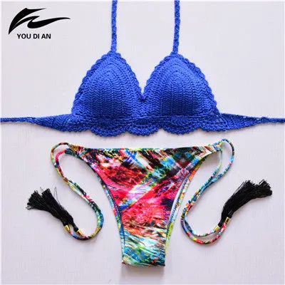 2017 New Bikini Women Pure Handmade Crochet Swimsuit Sexy Floral Print Bikini Swimwear Women Low Waist Bathing Suit Biquini Sets