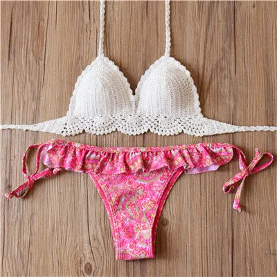 2017 New Bikini Women Pure Handmade Crochet Swimsuit Sexy Floral Print Bikini Swimwear Women Low Waist Bathing Suit Biquini Sets