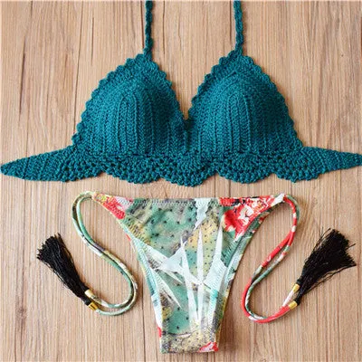 2017 New Bikini Women Pure Handmade Crochet Swimsuit Sexy Floral Print Bikini Swimwear Women Low Waist Bathing Suit Biquini Sets