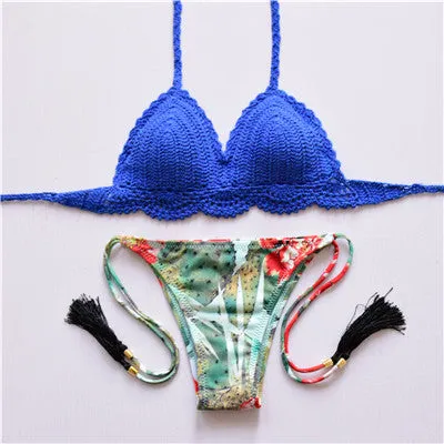 2017 New Bikini Women Pure Handmade Crochet Swimsuit Sexy Floral Print Bikini Swimwear Women Low Waist Bathing Suit Biquini Sets