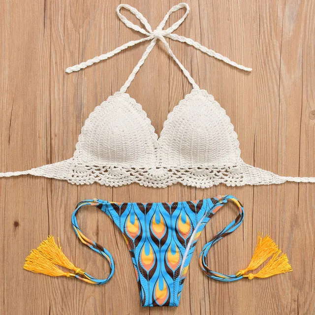 2017 New Bikini Women Pure Handmade Crochet Swimsuit Sexy Floral Print Bikini Swimwear Women Low Waist Bathing Suit Biquini Sets