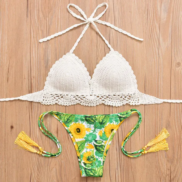 2017 New Bikini Women Pure Handmade Crochet Swimsuit Sexy Floral Print Bikini Swimwear Women Low Waist Bathing Suit Biquini Sets