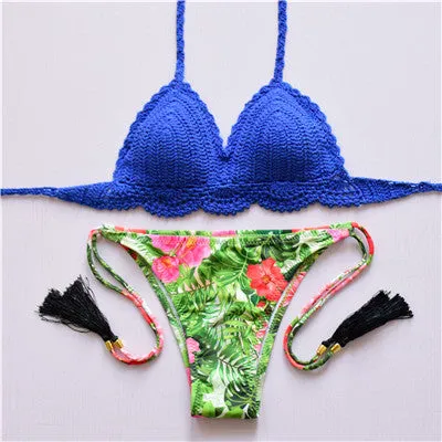 2017 New Bikini Women Pure Handmade Crochet Swimsuit Sexy Floral Print Bikini Swimwear Women Low Waist Bathing Suit Biquini Sets