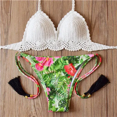 2017 New Bikini Women Pure Handmade Crochet Swimsuit Sexy Floral Print Bikini Swimwear Women Low Waist Bathing Suit Biquini Sets