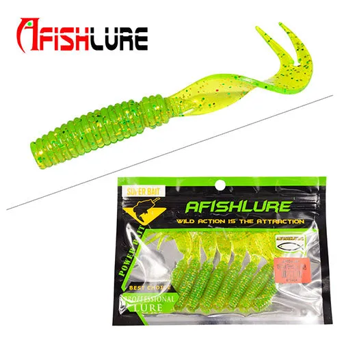 8pcs/lot Afishlure Curly Tail Soft Lure 75mm 3.3g Forked Tail fishing bait grubs Plastic Maggot Fishing lure Jig Head Texas Rig