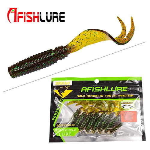 8pcs/lot Afishlure Curly Tail Soft Lure 75mm 3.3g Forked Tail fishing bait grubs Plastic Maggot Fishing lure Jig Head Texas Rig