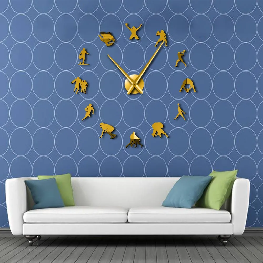 American Football DIY Giant Wall Clock Acrylic Mirror Effect Boys Room Rugby Decor Big Needle Frameless Clock Watch Gift For Him