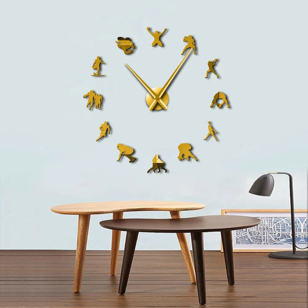 American Football DIY Giant Wall Clock Acrylic Mirror Effect Boys Room Rugby Decor Big Needle Frameless Clock Watch Gift For Him