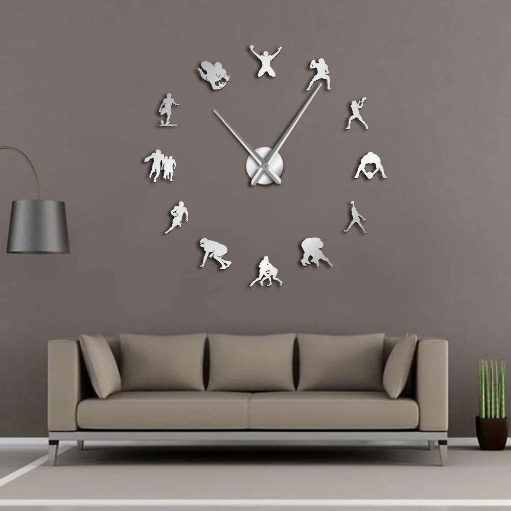 American Football DIY Giant Wall Clock Acrylic Mirror Effect Boys Room Rugby Decor Big Needle Frameless Clock Watch Gift For Him