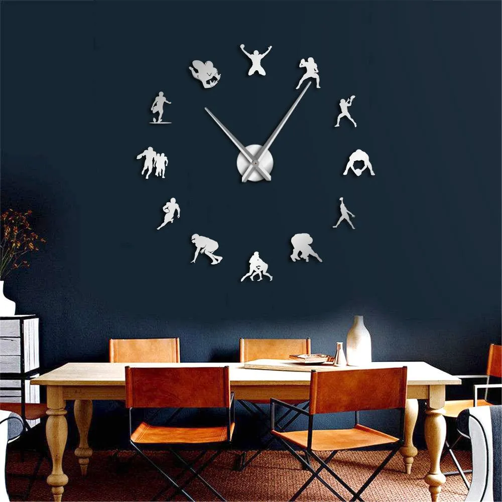 American Football DIY Giant Wall Clock Acrylic Mirror Effect Boys Room Rugby Decor Big Needle Frameless Clock Watch Gift For Him