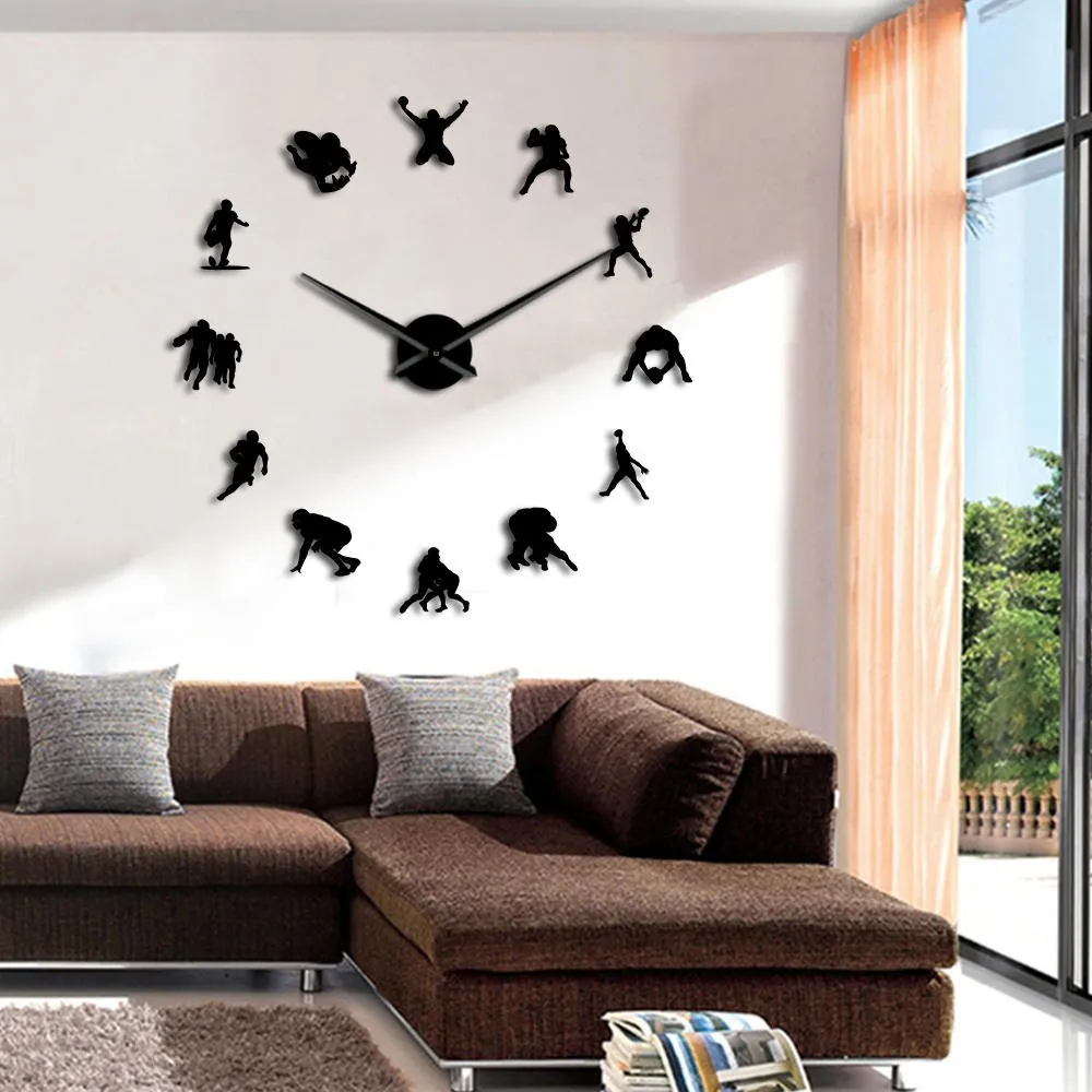 American Football DIY Giant Wall Clock Acrylic Mirror Effect Boys Room Rugby Decor Big Needle Frameless Clock Watch Gift For Him