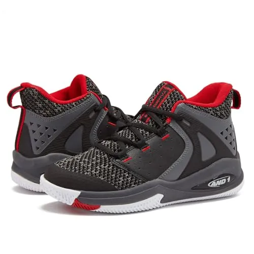 AND1 Takeoff 3.0 Girls & Boys Basketball Shoes, Boys High Top Sneakers - Black/Dark Grey/Red, 5 Big Kid