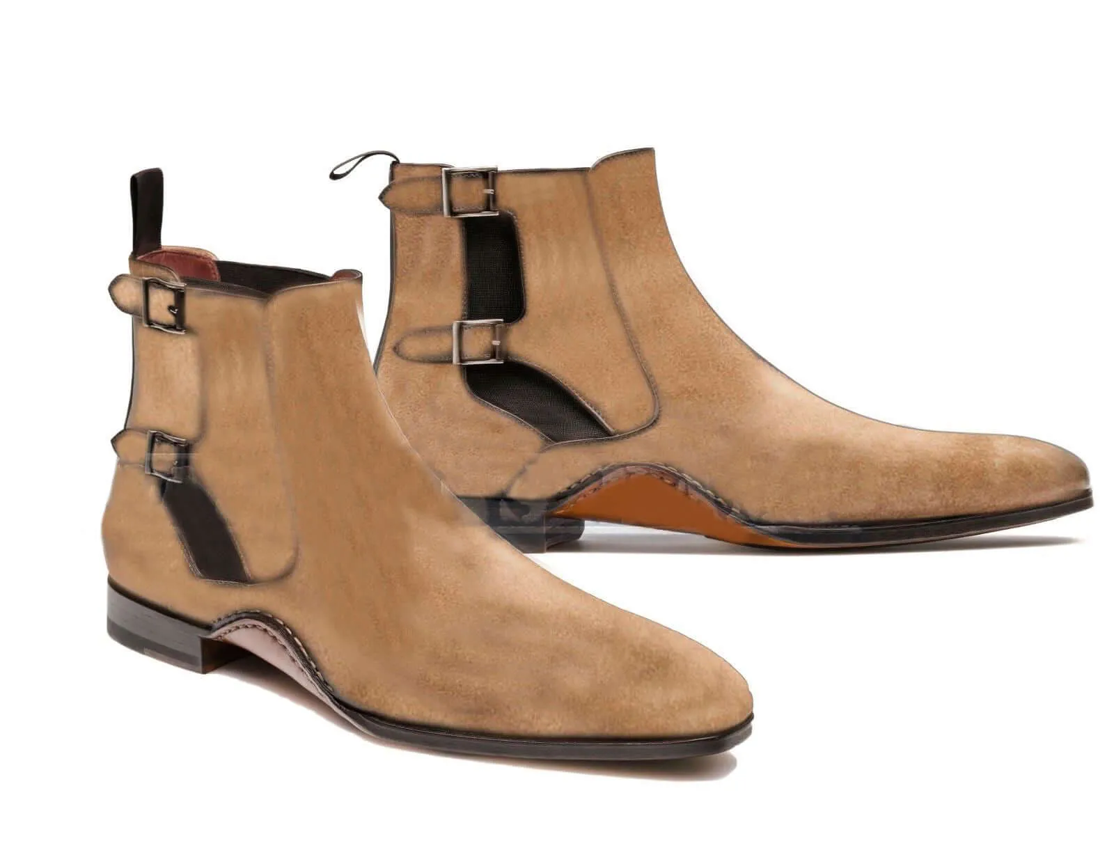 Bespoke Beige Suede Ankle Double Monk Strap Boots