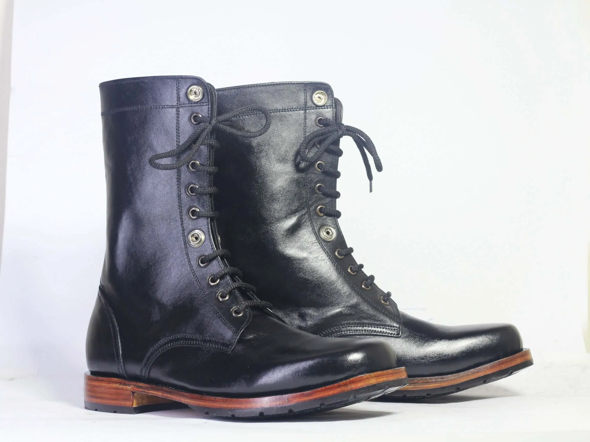 Bespoke Black Ankle High Leather Lace Up Stylish Boots