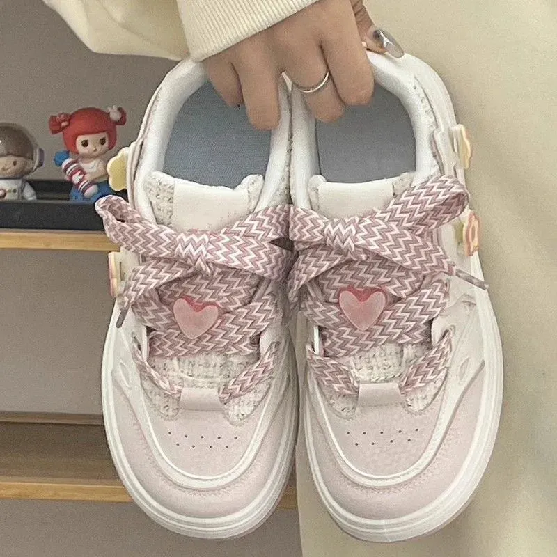 binfenxie Pink Platform Sneakers  Women's Sneakers Casual Retro Cute Vulcanized Shoes Tennis Women Flat Lace Up Flower Decoration