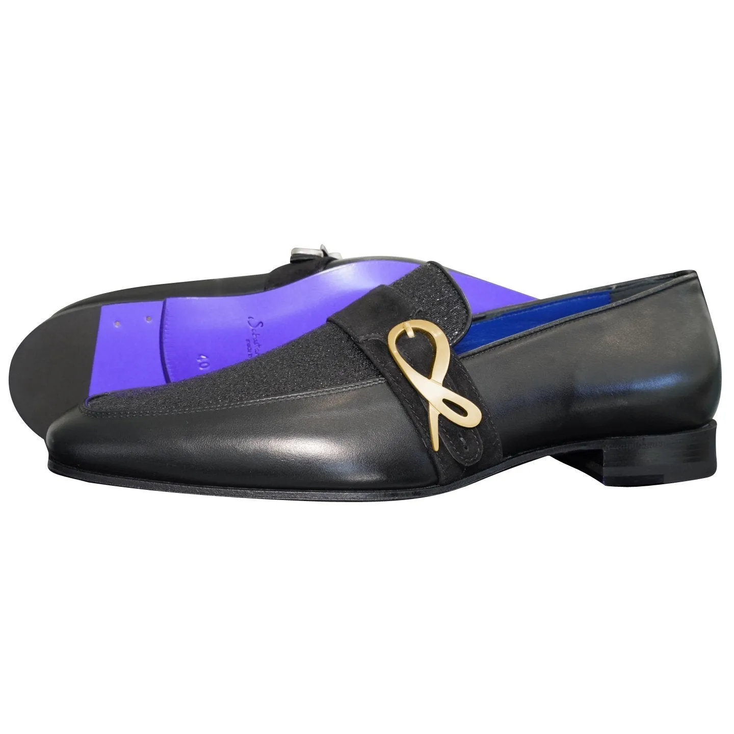 Black Diamante Leather Monk Gold Loafer