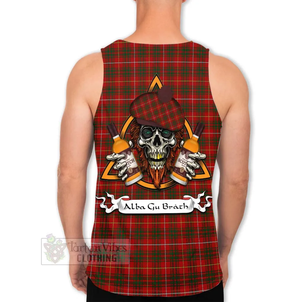 Bruce Tartan Men's Tank Top with Family Crest and Bearded Skull Holding Bottles of Whiskey