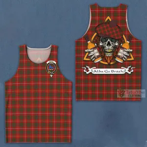 Bruce Tartan Men's Tank Top with Family Crest and Bearded Skull Holding Bottles of Whiskey