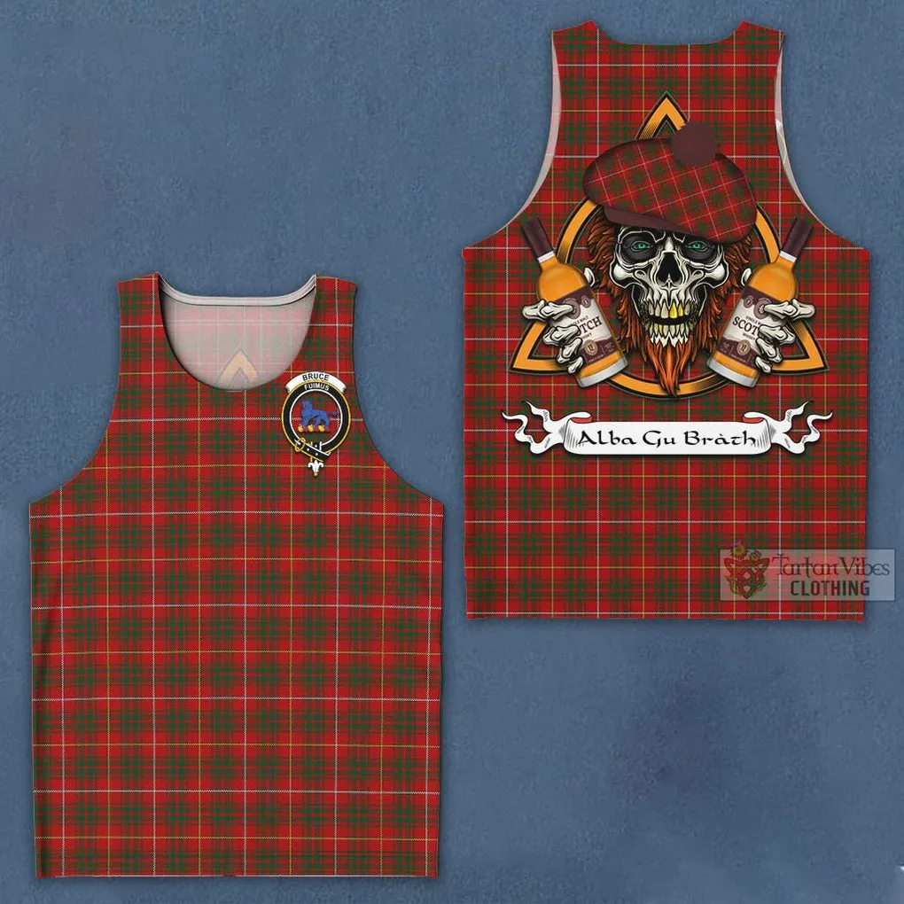 Bruce Tartan Men's Tank Top with Family Crest and Bearded Skull Holding Bottles of Whiskey