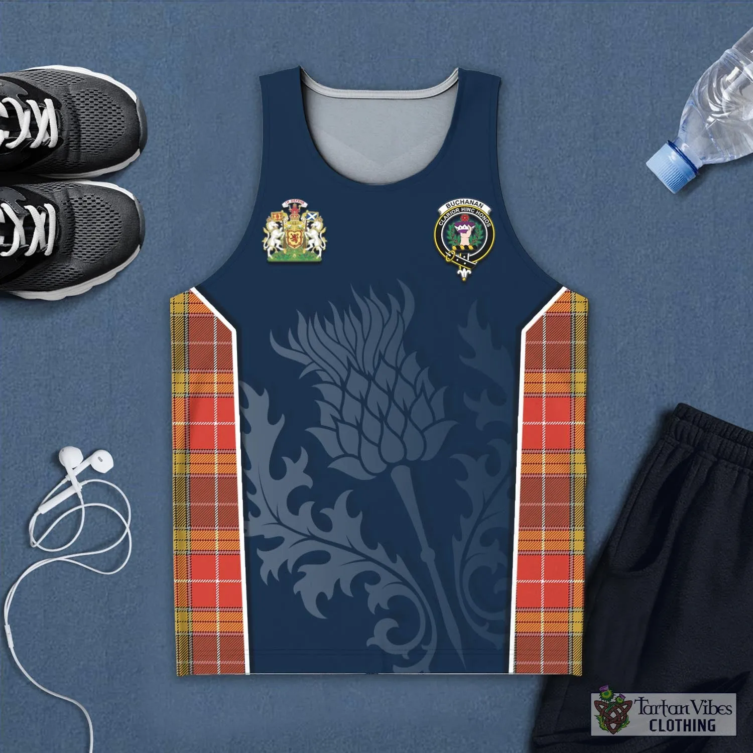 Buchanan Old Set Weathered Tartan Men's Tanks Top with Family Crest and Scottish Thistle Vibes Sport Style