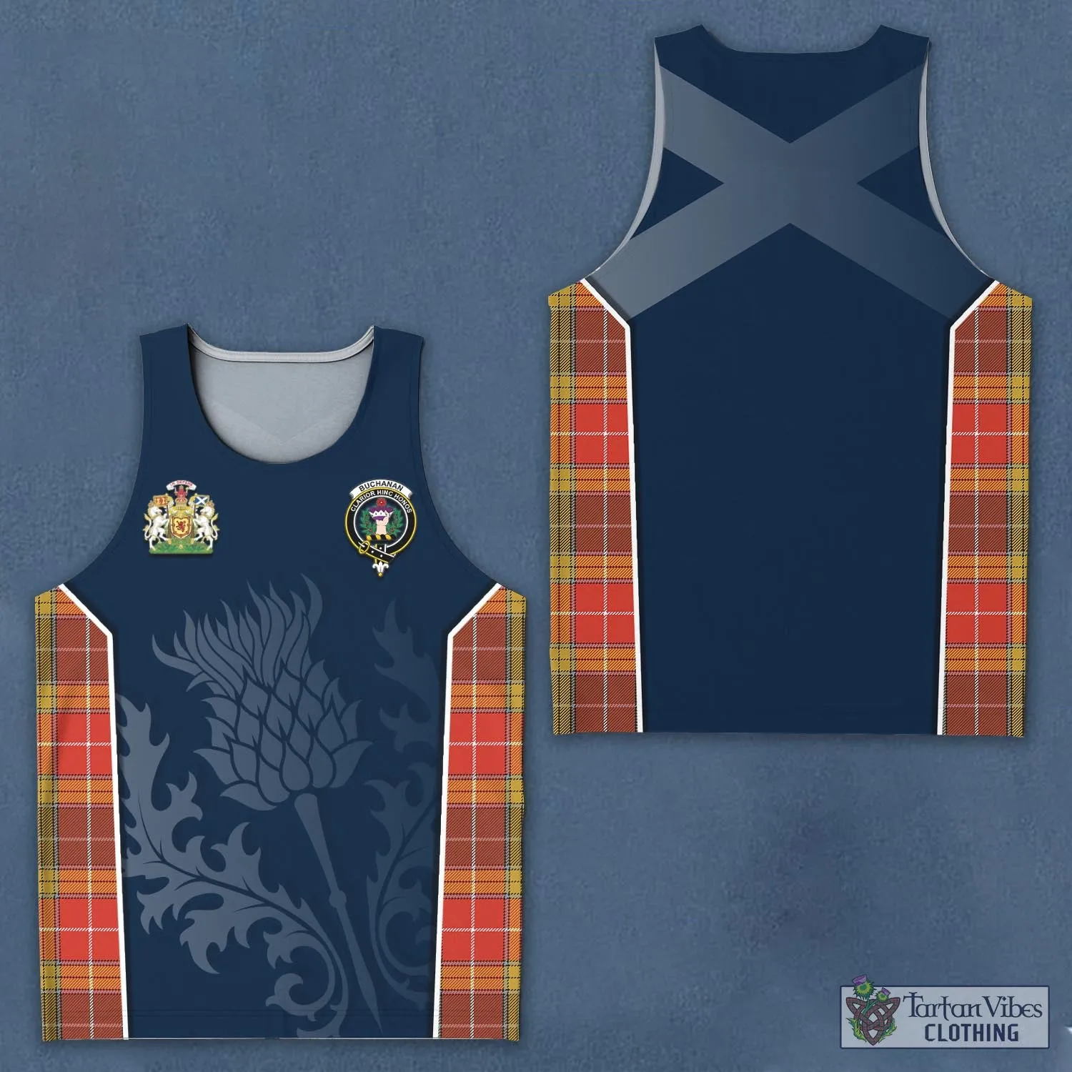 Buchanan Old Set Weathered Tartan Men's Tanks Top with Family Crest and Scottish Thistle Vibes Sport Style