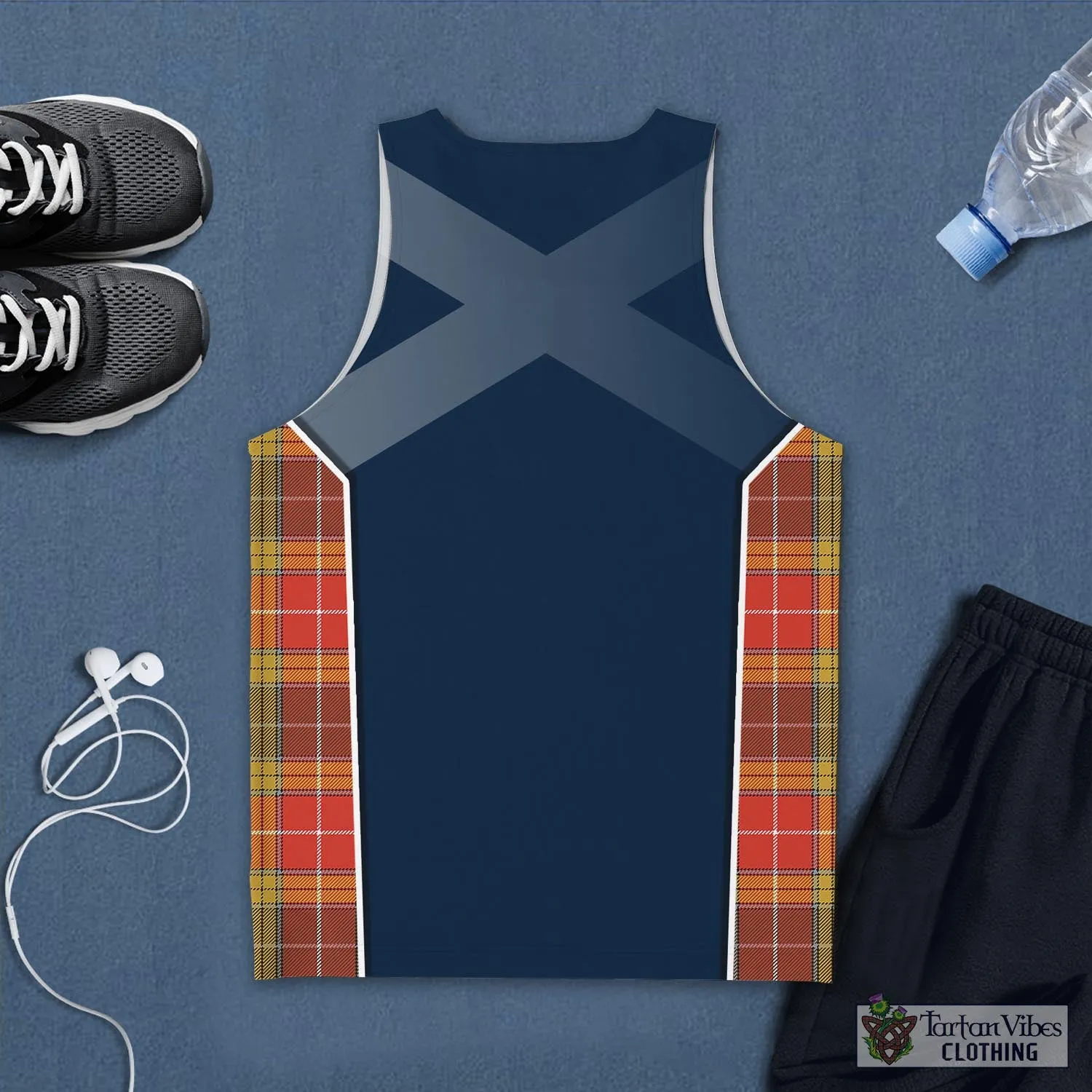 Buchanan Old Set Weathered Tartan Men's Tanks Top with Family Crest and Scottish Thistle Vibes Sport Style