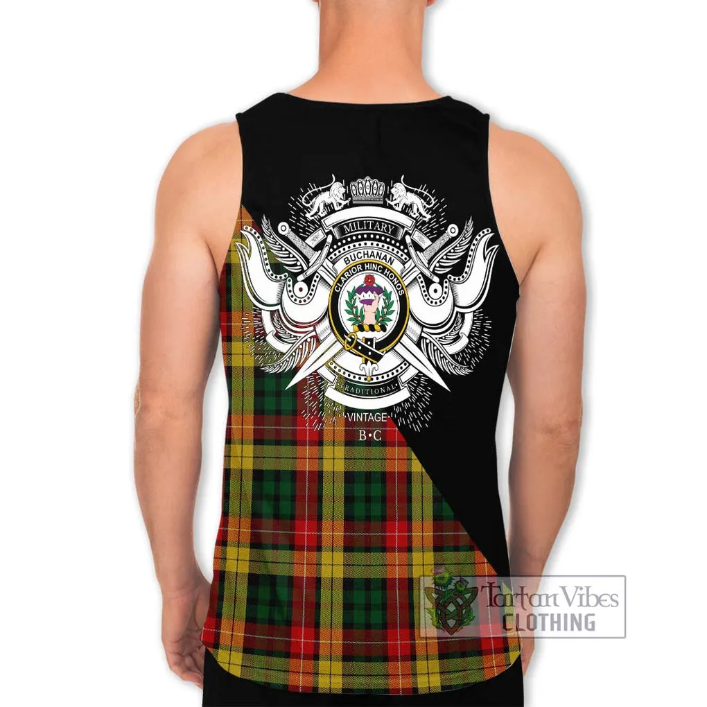 Buchanan Tartan Men's Tank Top with Family Crest and Military Logo Style