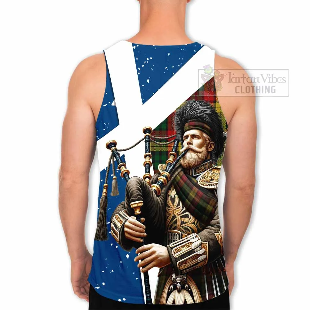 Buchanan Tartan Men's Tank Top with Family Crest Scottish Bagpiper Vibes