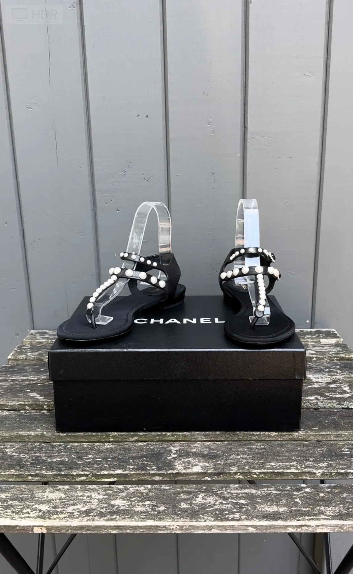 CHANEL Pearl Embellished Lambskin Thong Sandals