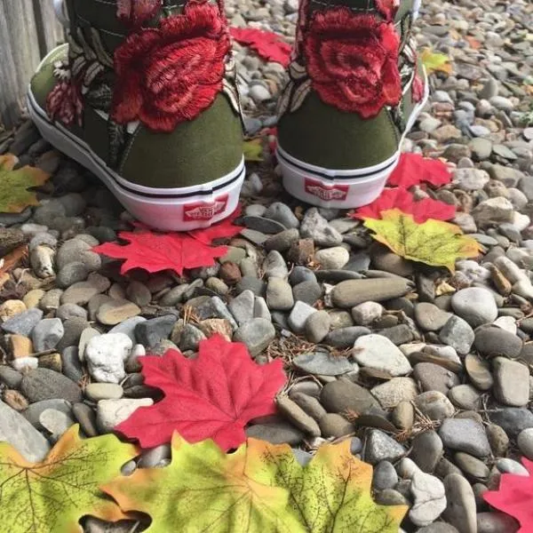 Custom Embroidered Rose Vans Sneakers Shoes - (Green)