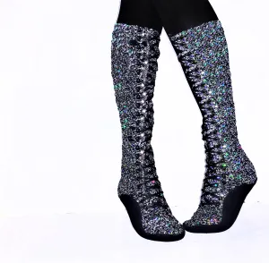 CUSTOM Silver & Black Glitter Tightrope KNEE HIGH Boots