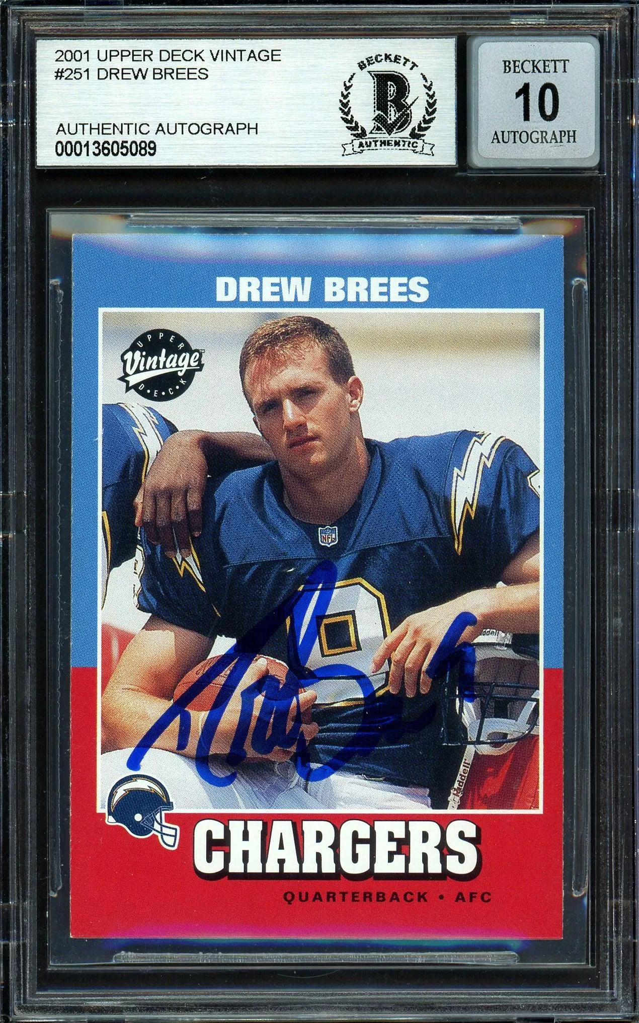 Drew Brees Autographed 2001 Upper Deck Vintage Rookie Card #251 San Diego Chargers Auto Grade Gem Mint 10 Beckett BAS #13605089