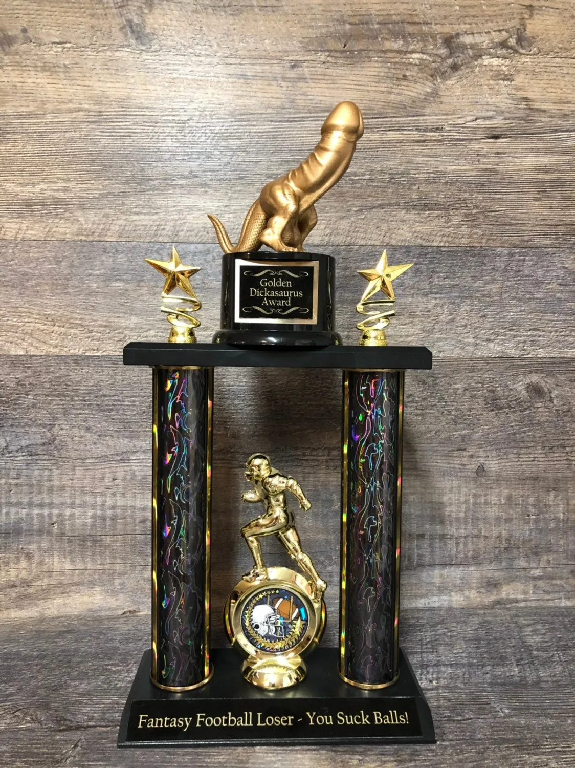 Fantasy Football Golden Dickasaurus Loser Trophy Last Place FFL Sacko Trophy Funny Trophy Adult Humor Gag Gift Testicle Penis