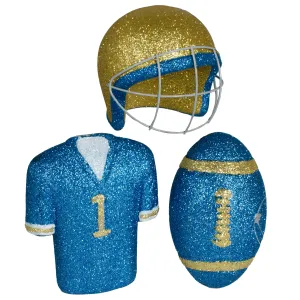 Glitter Football Ornament Assortment: Blue & Gold (Set of 3)