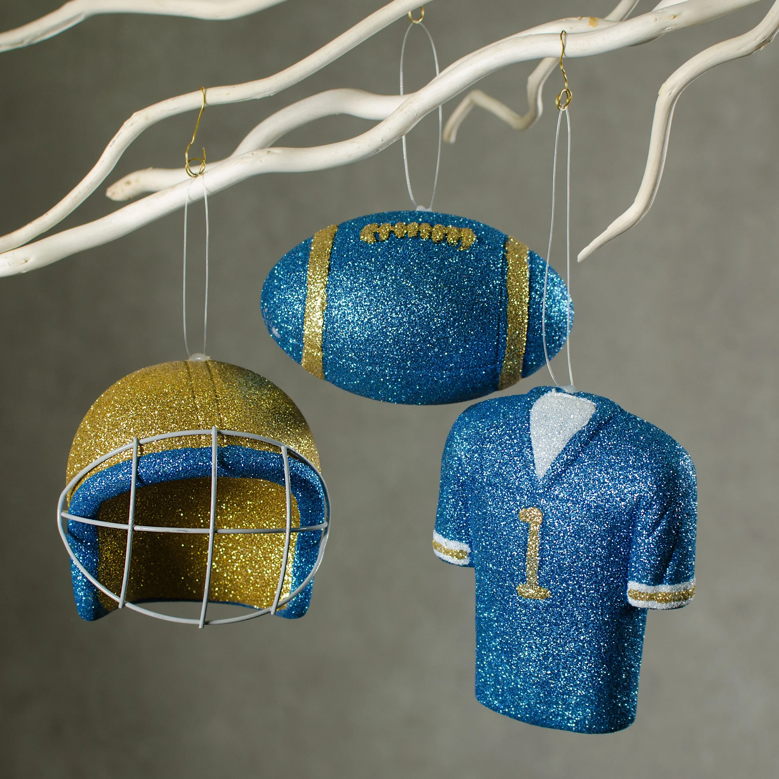 Glitter Football Ornament Assortment: Blue & Gold (Set of 3)