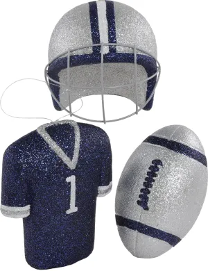 Glitter Football Ornament Assortment: Silver & Navy Blue (Set of 3)