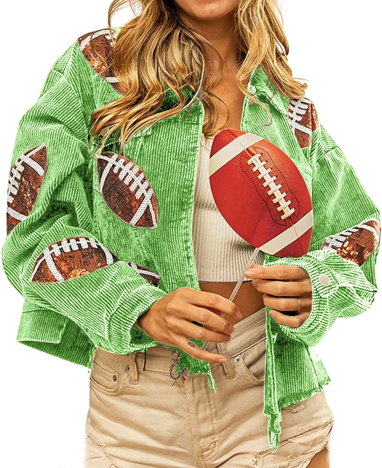 Green Football Sequin Embroidery Washed Corduroy Jacket