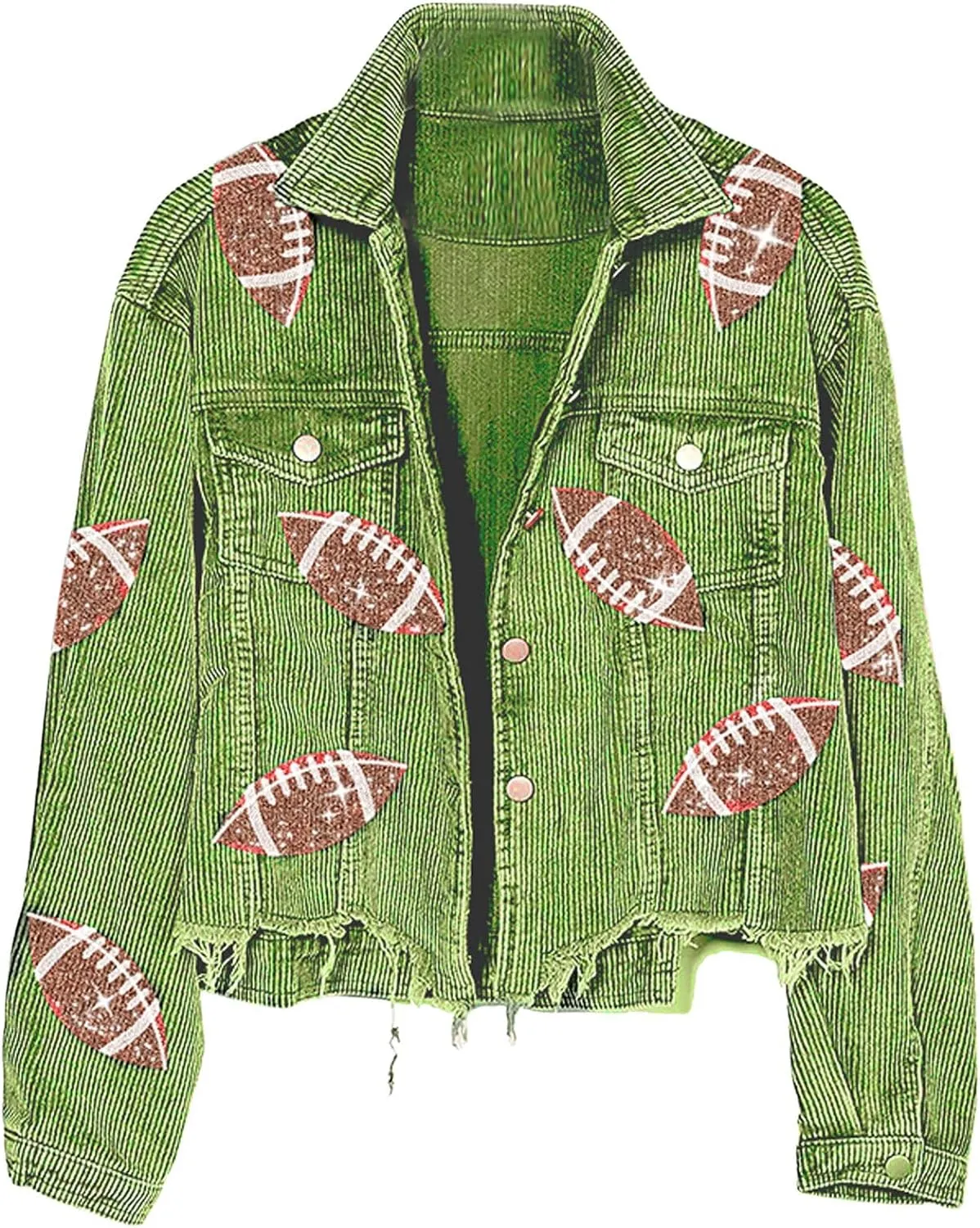 Green Football Sequin Embroidery Washed Corduroy Jacket