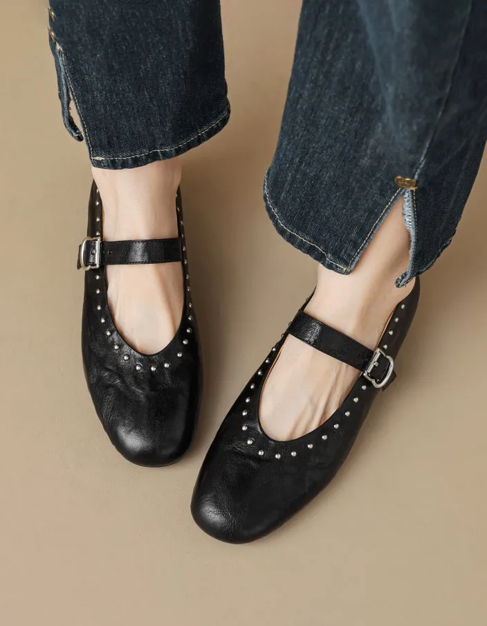 Handmade Sheepskin Front Rivet Single Buckle Mary Jane Shoes