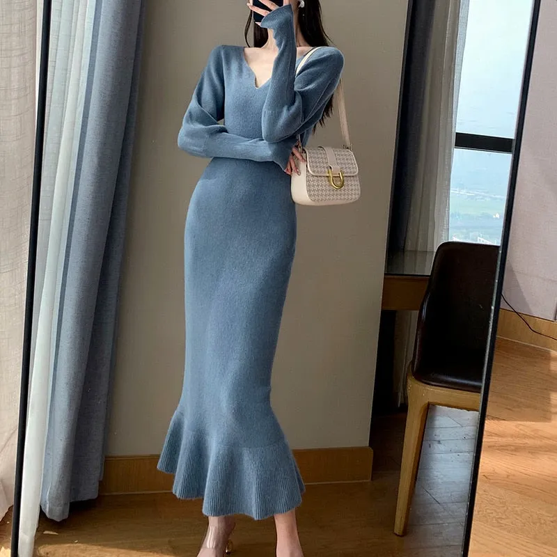 Joskaa Black Friday Sales Winter Elegant Mermaid Sweater Long Dress Women Vintage V-Neck Knitted Warm Y2K Dress Korean Casual Chic Dress For New Year 2024