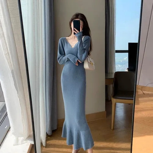 Joskaa Black Friday Sales Winter Elegant Mermaid Sweater Long Dress Women Vintage V-Neck Knitted Warm Y2K Dress Korean Casual Chic Dress For New Year 2024