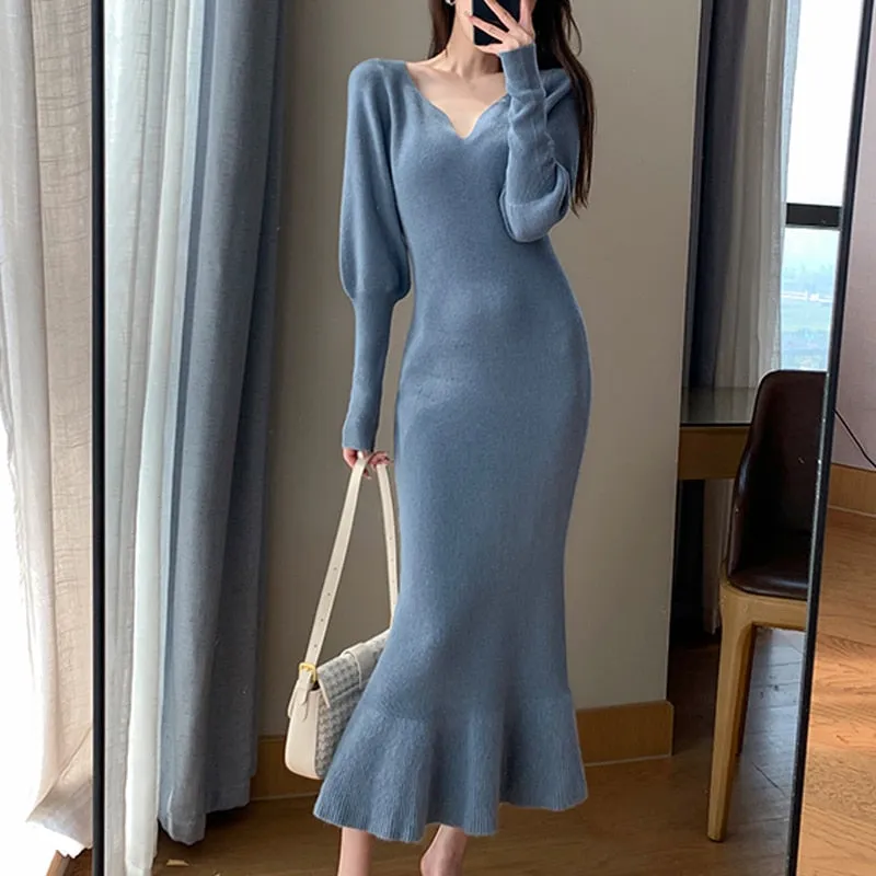 Joskaa Black Friday Sales Winter Elegant Mermaid Sweater Long Dress Women Vintage V-Neck Knitted Warm Y2K Dress Korean Casual Chic Dress For New Year 2024