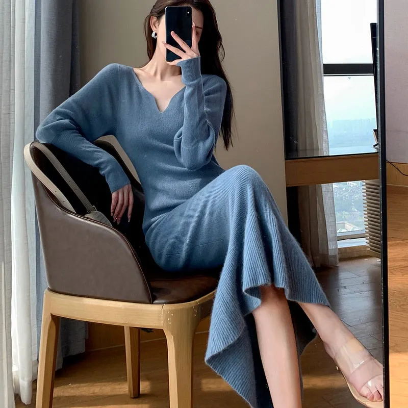 Joskaa Black Friday Sales Winter Elegant Mermaid Sweater Long Dress Women Vintage V-Neck Knitted Warm Y2K Dress Korean Casual Chic Dress For New Year 2024