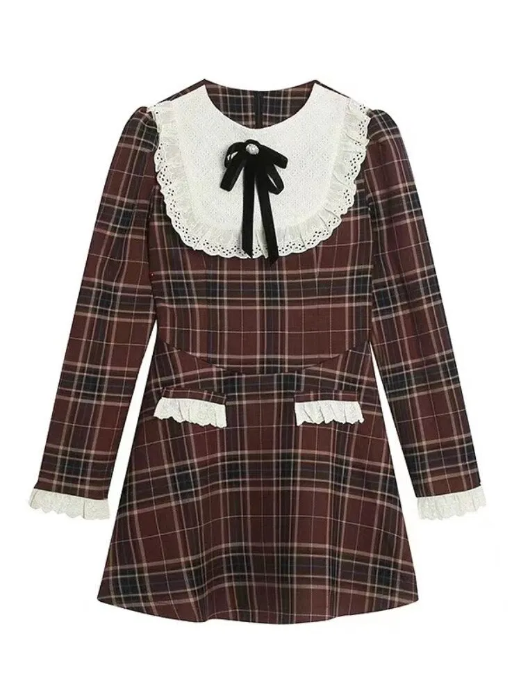 Joskaa hoco dresses Plaid Patchwork French Vintage Dress Women Bow College Style Sweet Mini Dress Female Ruffles Dress Fall Outfits 2024