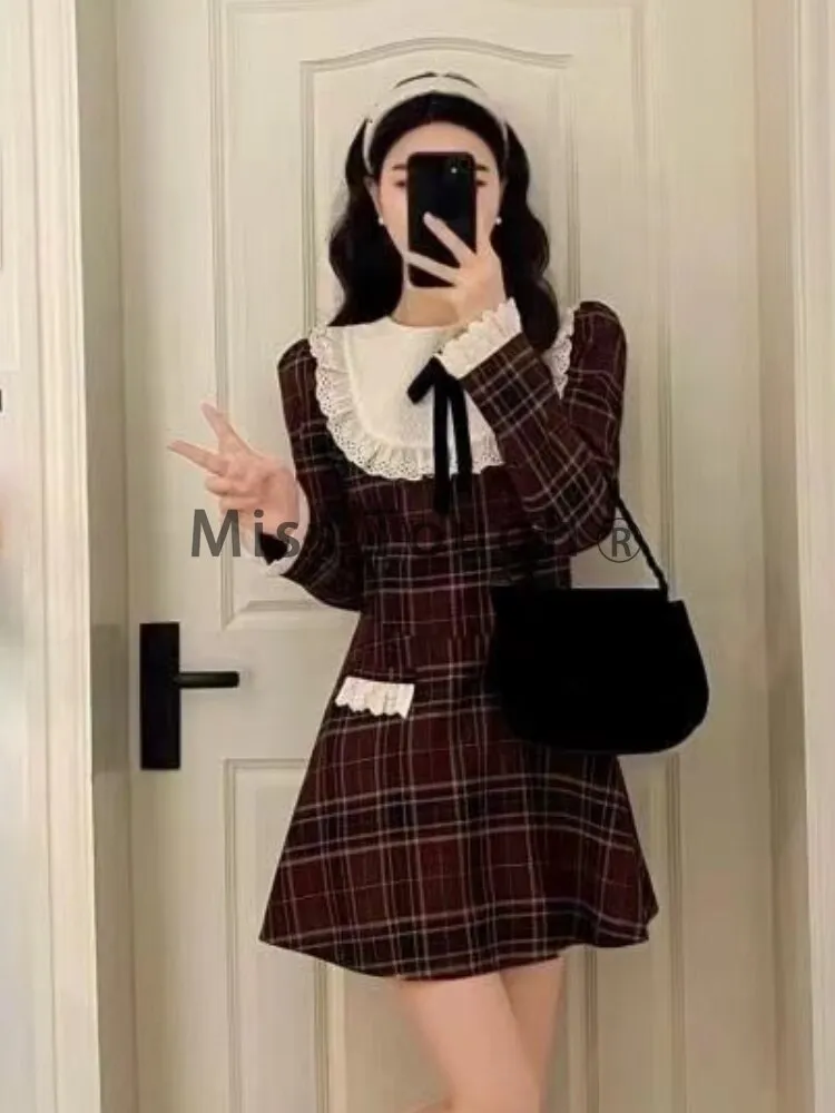 Joskaa hoco dresses Plaid Patchwork French Vintage Dress Women Bow College Style Sweet Mini Dress Female Ruffles Dress Fall Outfits 2024