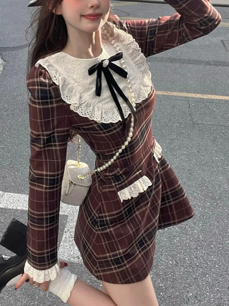 Joskaa hoco dresses Plaid Patchwork French Vintage Dress Women Bow College Style Sweet Mini Dress Female Ruffles Dress Fall Outfits 2024